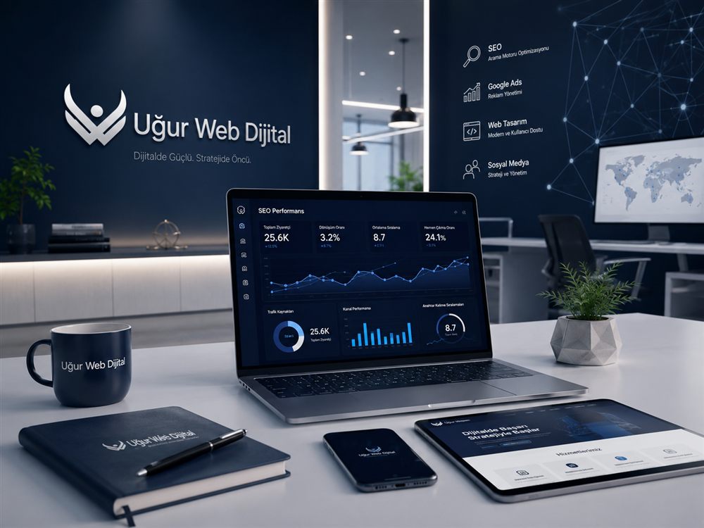 Uğur Web Dijital ofisinde SEO performans panelinin göründüğü çalışma masası